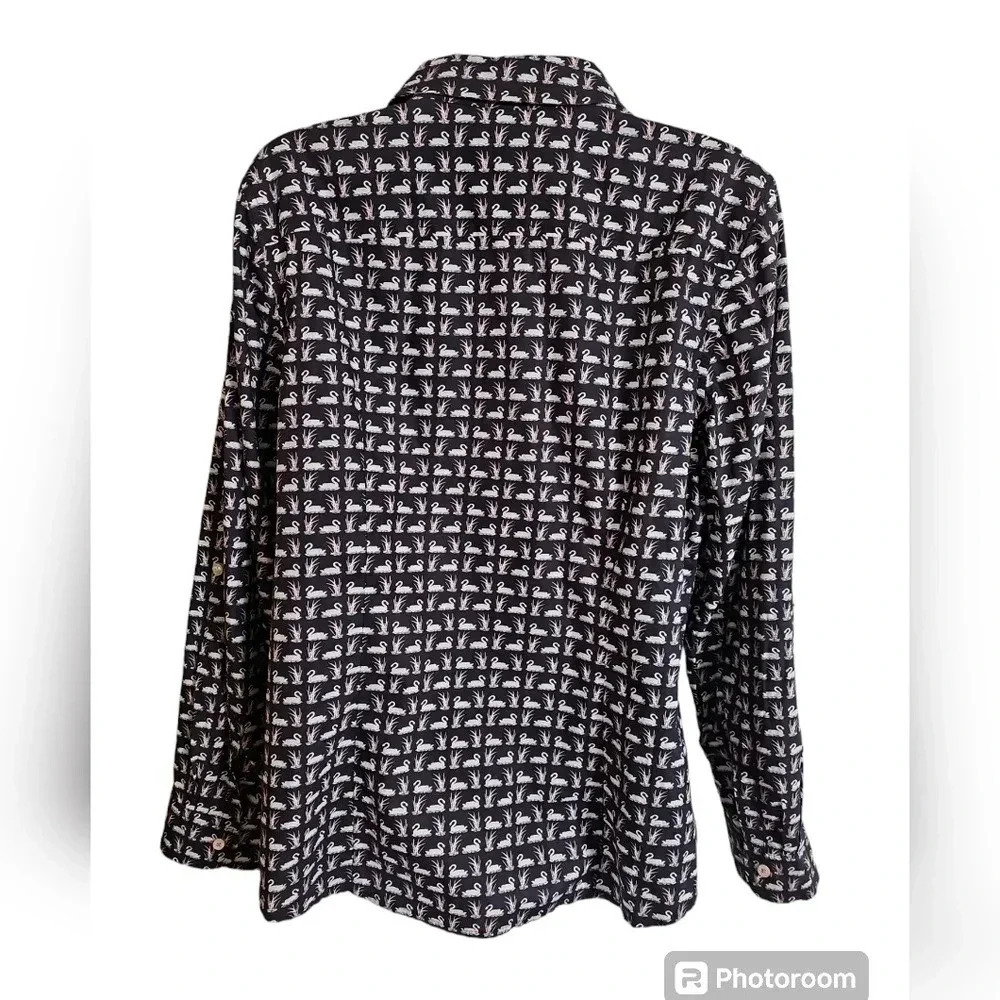 Talbots Womens 14P Shirt Black Cotton Swan Print Button Up Timeless Whimsigoth - Picture 4 of 8